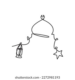 Islamic Ramadan Night Line - Eid Icon. One continuous line drawing of Mosque Dome, Star and Lantern. Vector illustration of Mosque Dome ornament for icon, symbol, logo Ramadhan, Tarawih and Eid.