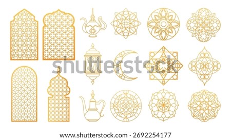 Islamic Ramadan ornament set with arch windows and traditional motifs for celebration - golden lanterns, teapots and moon crescents with geometric mandalas. Arabic decorative elements for Eid festival