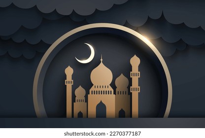 Islamic Ramadan papercut background design with mosque and a moon