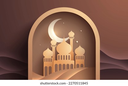 Islamic Ramadan papercut background design with mosque and a moon