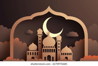 Islamic Ramadan papercut background design with mosque, cloud and a moon