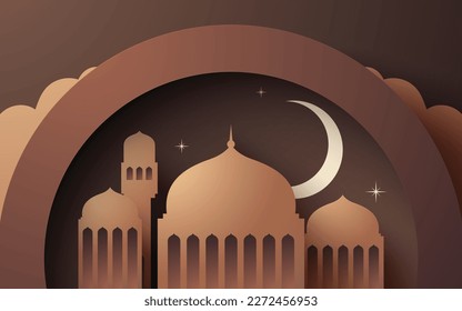 Islamic Ramadan papercut background design with mosque, cloud and a moon