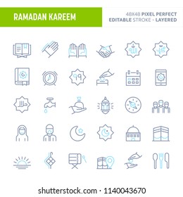 Islamic and Ramadan related Objects - simple outline icon set. Editable strokes and Layered (each icon is on its own layer with proper name) to enhance your design workflow.