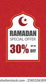 Islamic Ramadan sale label badge banner template design red background. 30% discount, social media post