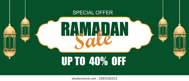 Islamic Ramadan sale label badge banner template design green background. 440% discount, social media post.