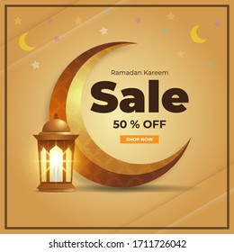 Islamic. Ramadan Sales. with a 50% special offer on a brown background. moon, lantern, star. vector illustration