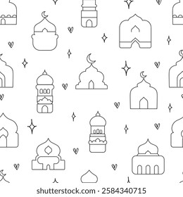 Islamic ramadan seamless pattern on white background. Cartoon islamic background. Use for prints, textiles, fabric, wallpaper, stationery, nursery, wrapping paper,poster, etc. Vector illustration