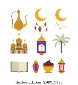 "Islamic Ramadan Silhouette Icons Set - Mosque, Lantern, Crescent Moon, Muslim, Star, Eid, Prayer, Arab Culture Vector