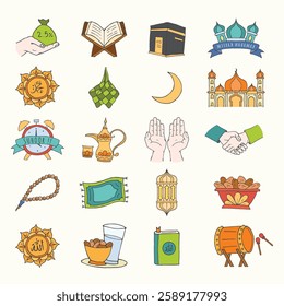 "Islamic Ramadan Silhouette Icons Set - Mosque, Lantern, Crescent Moon, Muslim, Star, Eid, Prayer, Arab Culture Vector