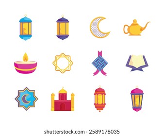 "Islamic Ramadan Silhouette Icons Set - Mosque, Lantern, Crescent Moon, Muslim, Star, Eid, Prayer, Arab Culture Vector