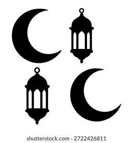 Silhuetas do Ramadã Islâmico com luas de crescente e lanternas suspensas tradicionais.
