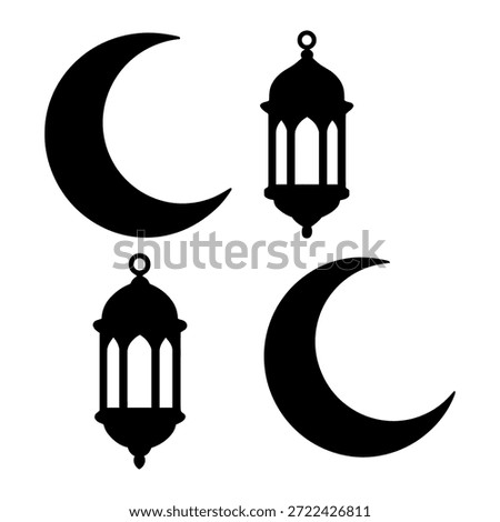Islamic Ramadan silhouettes set with crescent moons and traditional hanging lanterns.