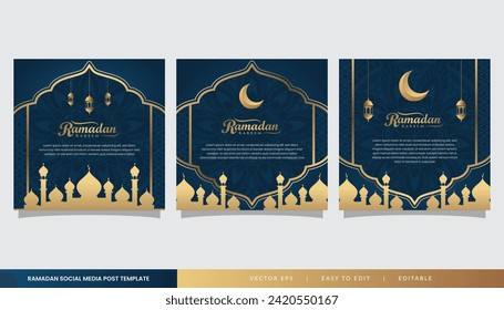 Islamic ramadan square template in blue gold color for post, poster and banner