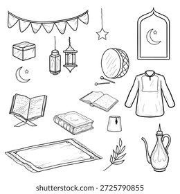 Una colección temática islámica y Ramadán que incluye una luna creciente, túnica y jarra, linterna, rosario y Corán. Ilustración vectorial. Conjunto de siluetas blancas y negras aisladas sobre fondo blanco