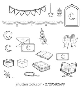 Uma coleção temática islâmica e do Ramadã, incluindo uma lua crescente, o Alcorão em pé, lanterna, rosário e estrelas. Ilustração vetorial. Conjunto de silhuetas em preto e branco isolado em um fundo branco