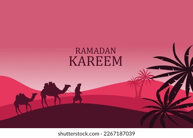 Islamic Ramadan themed setting in the desert and a man carrying a camel