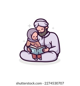 islamic ramadan vector illustration design of father and little daughter reading koran al quran