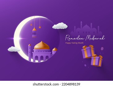 Islamic Ramadhan greetings card with mosque, crescent, clouds, and box gift in purple color with gold