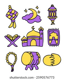 Islamic ramadhan kareem element set in simple cartoon style