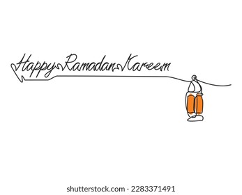 Islamic Ramadhan Night Symbol - One continuous line of a burning lantern in orange with the theme of Happy Ramadan Kareem on a white background. Vector illustration of continuous line art muslim icon.