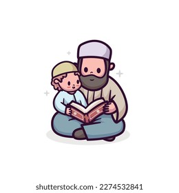 diseño de ilustración vectorial islámico ramadhan de padre y niño leyendo koran alquran