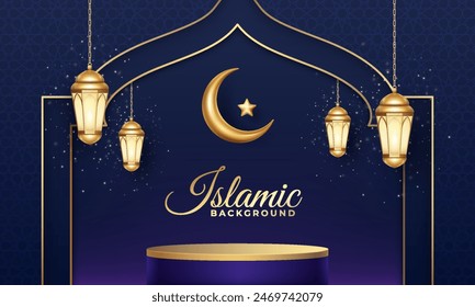 Islamic realistic holiday background with golden crescent moon, lanterns and podium. Can be used for Ramadan, Aid Adha, Eid Fitri.