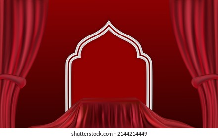 Islamic Red background, podium kosong and curtain 3d Islamic theme