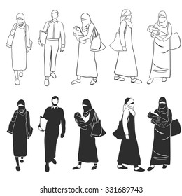 Islamic refugees. Muslim people with bags