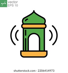 Islamic religion architecture. The Tall slender tower in muslim mosque. Eid al fitr mubarak. Minaret, adzan, eid, islam, ramadan, religion icon. Vector illustration. Design on white background. EPS10