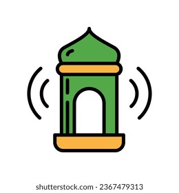 Islamic religion architecture. The Tall slender tower in muslim mosque. Eid al fitr mubarak. Minaret, adzan, eid, islam, ramadan, religion icon. Vector illustration. Design on white background. EPS10
