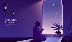 Islamic Religion Banner Template. A Muslim Man Is Facing The Sunset And Praying Namaz Or Salah. Serene Holy Night Background.