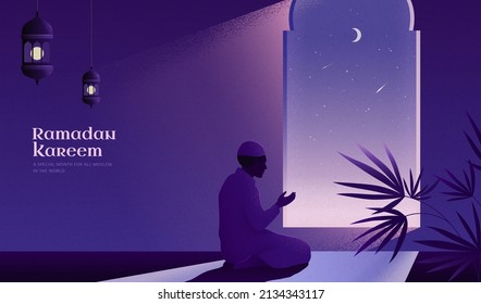 Islamic religion banner template. A Muslim man is facing the sunset and praying namaz or salah. Serene holy night background.