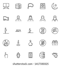 Islamic religion line icons set. linear style symbols collection, outline signs pack. vector graphics. Set includes icons as Al Quran book, Kaaba of hajj mosque, rosary beads, Muslim prayer rug, iftar