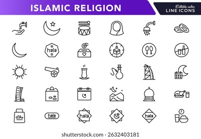 Conjunto de ícones lineares da religião islâmica. Cultura islâmica, muçulmano, islã, calendário muçulmano, lanterna, mesquita, oração, lua crescente, coleção de ícones de esboço de fé espiritual. Ícone de vetor fino da interface do usuário