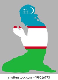 Islamic religion. Pose of muslim man praying vector silhouette illustration isolated on background Muslim from Uzbekistan national flag symbol theme. Loyal muslim migrant citizen in Europe country.
