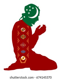 Islamic religion. Pose of Muslim man praying vector silhouette illustration isolated on background Muslim from Turkmenistan national flag symbol theme. Loyal Muslim migrant citizen in Europe country. 