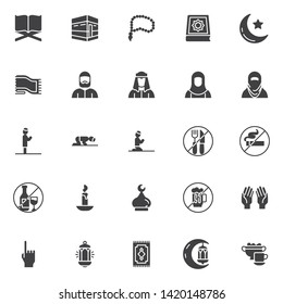Islamic religion vector icons set, modern solid symbol collection, filled style pictogram pack. Signs, logo illustration. Set includes icons as Al Quran book, Kaaba of hajj mosque, rosary beads, iftar