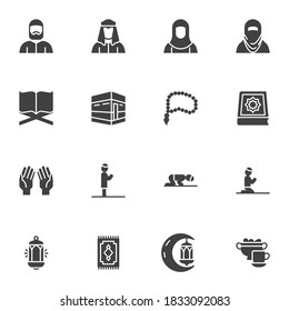Islamic religion vector icons set, modern solid symbol collection, filled style pictogram pack. Signs, logo illustration. Set includes icons as muslim woman in hijab, koran book, praying man, rosary