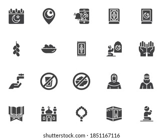 Islamic religion vector icons set, modern solid symbol collection, filled style pictogram pack. Signs logo illustration. Set includes icons as muslim man praying, holy quran book, mosque, muslim woman