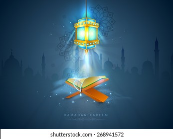 Islamic religious book Quran Shareef with rosary shining in the lantern's light on Mosque silhouette background for Islamic holy month of prayers, Ramadan Kareem celebration.