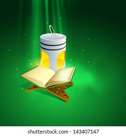 Islamic religious book Quran Shrareef with illuminated Arabic lamp on shiny abstract green background for holy month of Ramadan Kareem.