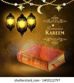 Islamic religious bookand lantern background
