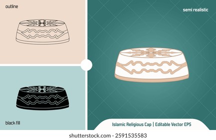 Islamic Religious Cap vector illustration in 3 variation flat icon style, lineal color or realistic, outline, and black fill or silhouette. Editable eps file for Ramadan design element.