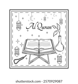 Islamic Religious Illustration, This image features Al Quran with a vase containing a single stem with leaves, prayer beads