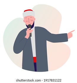 Islamic religious leader lecturing holding microphone with cartoon flat style vector design illustration