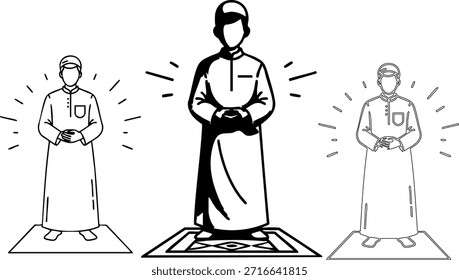 Concepto de oración religiosa islámica con personajes en la posición tradicional de Qiyam.