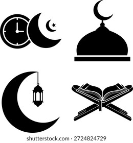 Conjunto de símbolos religiosos islámicos - Iconos de Ramadán con el Sagrado Corán en Rehal, cúpula de la mezquita, reloj de oración y Vector de silueta de linterna
