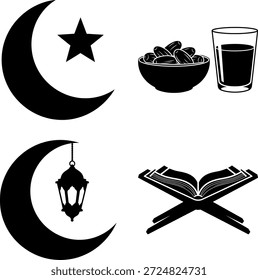 Conjunto de símbolos religiosos islámicos - Iconos de Ramadán con el Sagrado Corán en Rehal, cúpula de la mezquita, reloj de oración y Vector de silueta de linterna