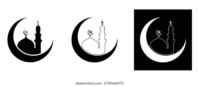Símbolos religiosos islámicos con silueta de mezquita con luna creciente para la celebración del ramadán kareem y la decoración de eid mubarak