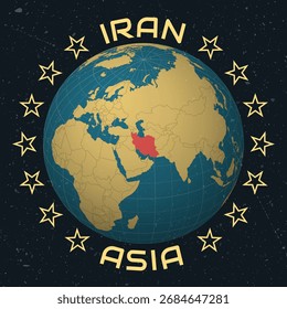 Islamic Republic of Iran on Globe. Country name round text. Vintage look with grunge scratched texture. Country view on world map in Sky Blue Light Yellow color palette. Iran shape on map.